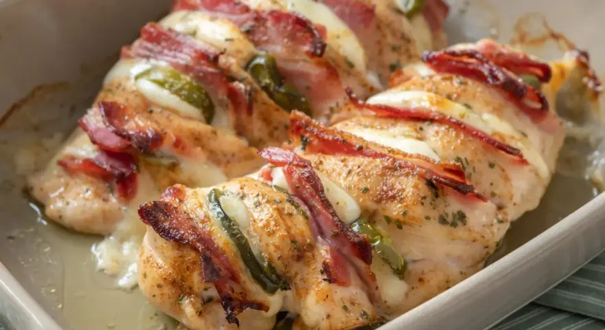 Pieczona pierś z kurczaka zawinięta w boczek, z serem i papryczką jalapeno, w naczyniu żaroodpornym.