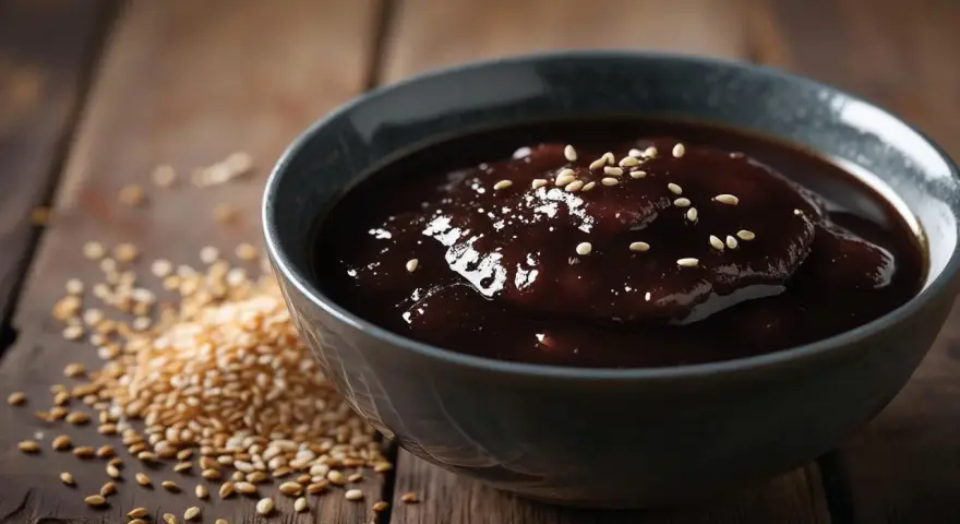 Gęsty, błyszczący sos teriyaki w misce, posypany sezamem. Obok garść ziaren sezamu. Idealny sos teriyaki przepis.