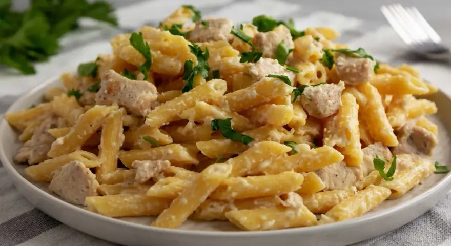 Penne z kremowym sosem i kawałkami indyka, posypane świeżą natką pietruszki. Pyszny makaron z indykiem na talerzu.