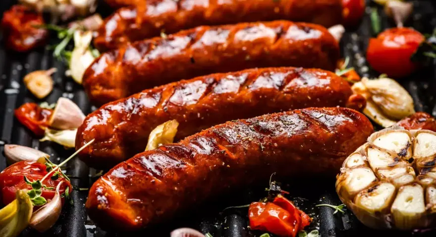Soczyste kiełbaski na grillu, z czosnkiem i pomidorkami. Idealna odpowiedź na pytanie: jaka kiełbasa na grilla?