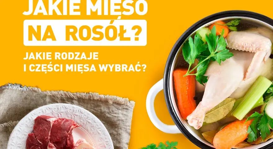 Jakie mięso na rosół? Na talerzu surowa wołowina i kości, w garnku gotujący się rosół z kurczakiem i warzywami.