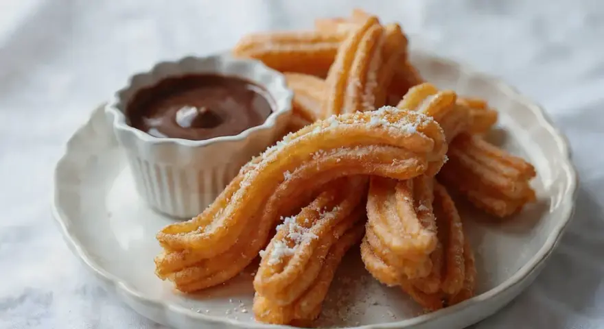 Churros con chocolate, złociste, posypane cukrem, czekają na zanurzenie w gorącej, gęstej czekoladzie. Idealna przekąska.