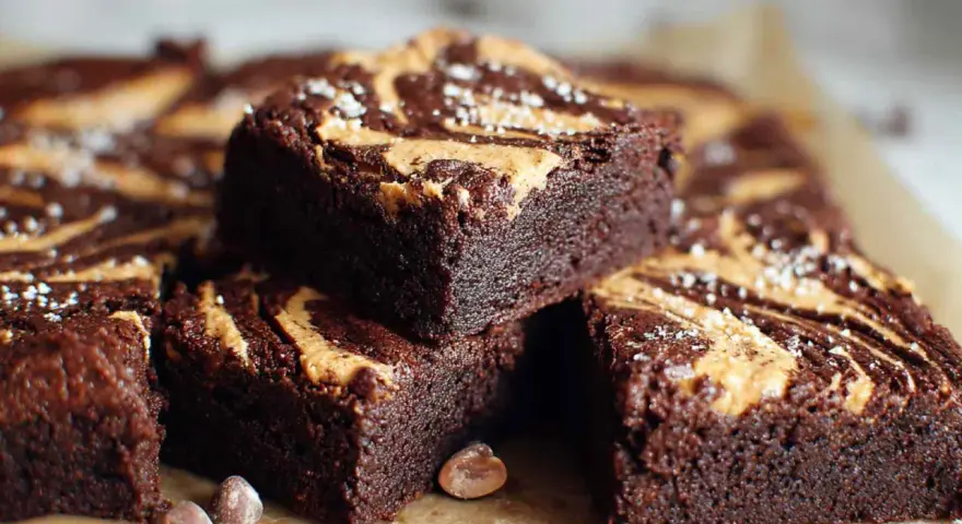 Czekoladowe brownie z masłem orzechowym, posypane solą morską. Idealne na deser.