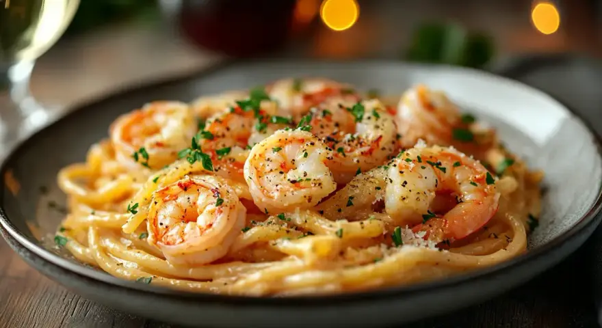 Pyszny makaron z krewetkami na winie, posypany natką pietruszki i parmezanem. Idealny na romantyczną kolację.
