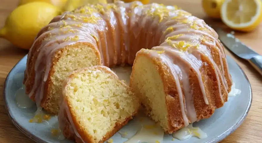 Wilgotna babka cytrynowa na oleju, polana lukrem i posypana skórką cytrynową, prezentuje się apetycznie na talerzu.
