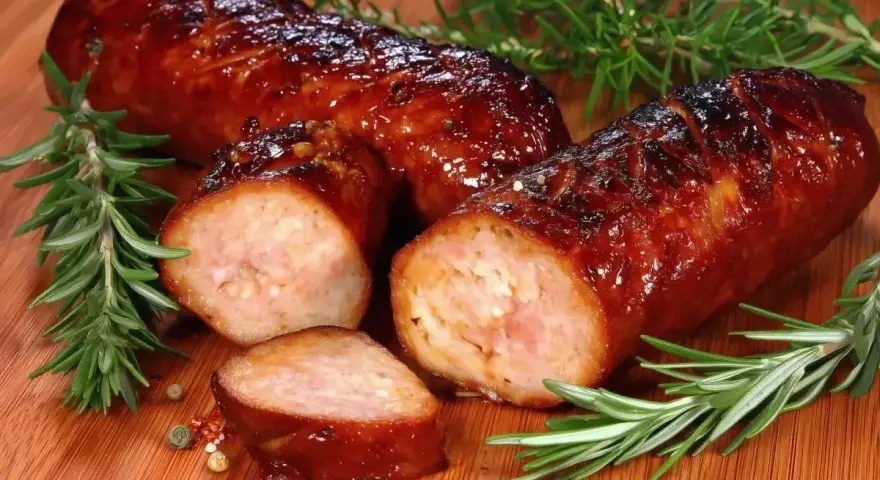Soczysta kiełbasa pieczona w piekarniku, skropiona błyszczącym sosem, z gałązkami rozmarynu i ziarnami pieprzu.