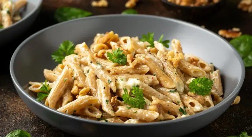 Penne ze szpinakiem i orzechami włoskimi w kremowym sosie, udekorowane natką pietruszki.