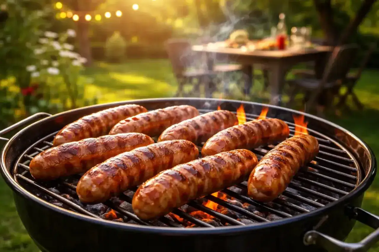 Aromatyczna kiełbasa z grilla skwierczy na ruszcie, w tle letni ogród i migoczące lampki.