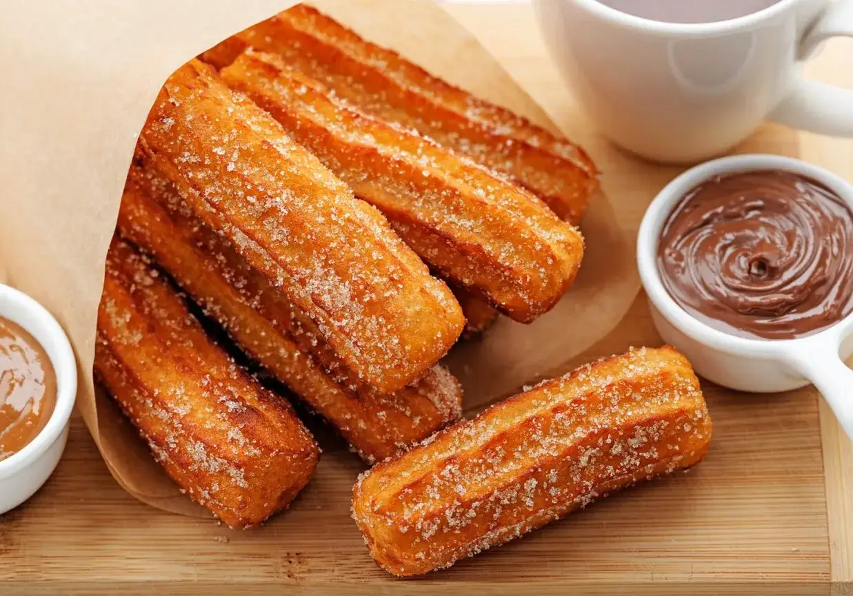 Churros con chocolate: złociste, posypane cukrem paluszki smażone na głębokim tłuszczu, podane z gęstą, czekoladową polewą i kubkiem gorącej czekolady.