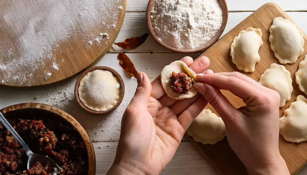 Ręcznie lepione pierogi z kapustą i grzybami, gotowe do gotowania. Obok miska z farszem i mąka.