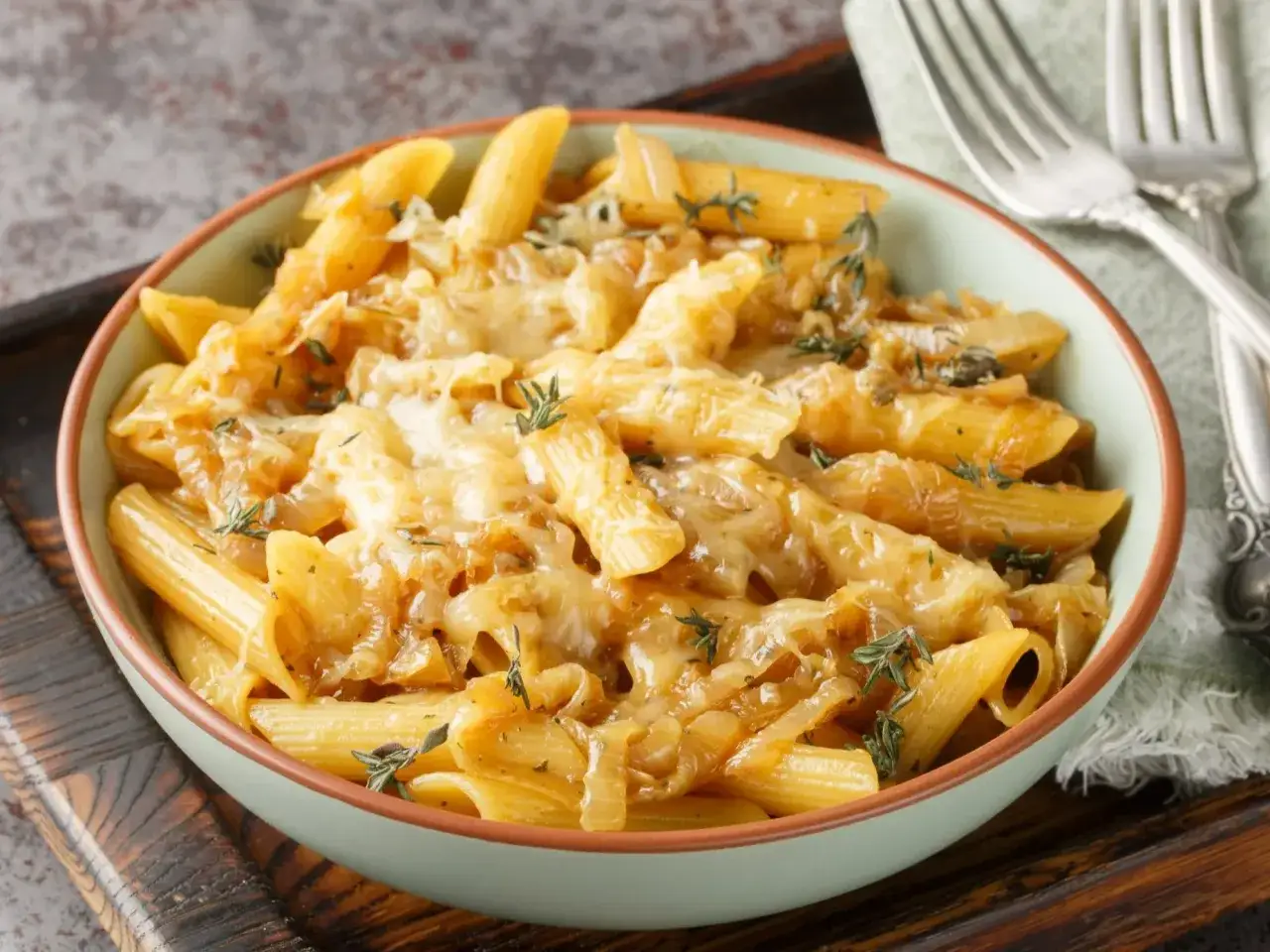 Penne z karmelizowaną cebulką i serem, idealny szybki sos do makaronu. Aromatyczny, złocisty i pyszny.