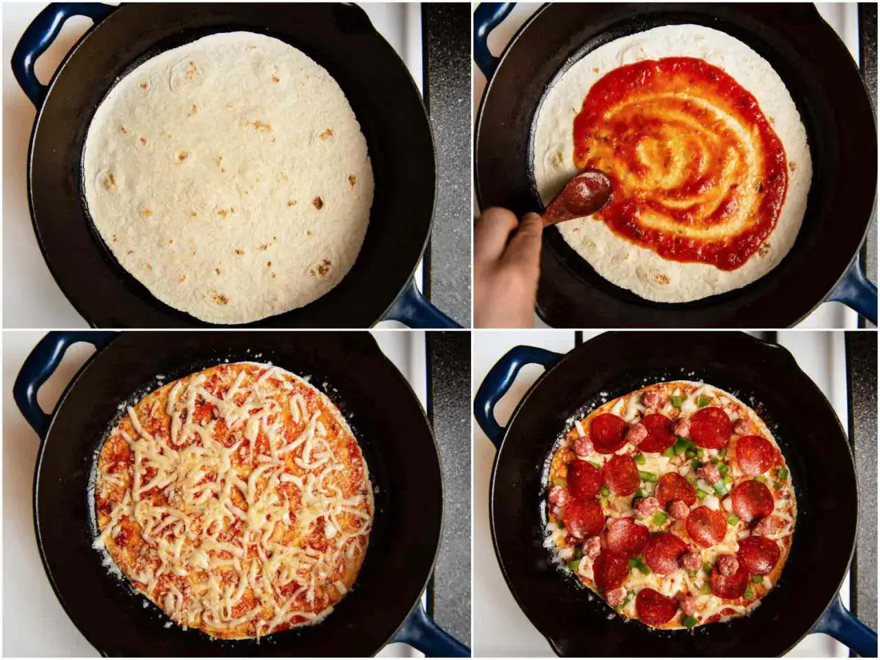 Szybkie przygotowanie pizzy z tortilli na patelni: posmaruj sosem, posyp serem i dodaj ulubione dodatki.