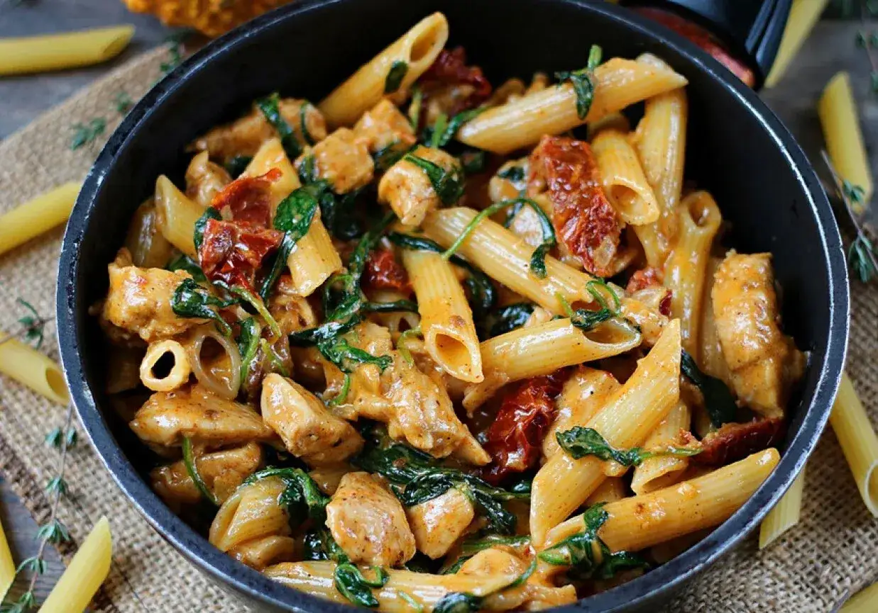 Penne z kurczakiem, szpinakiem i suszonymi pomidorami w kremowym sosie. Pyszne dania z makaronem, które zachwycą każdego.
