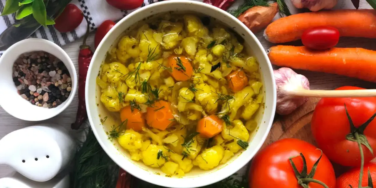 Aksamitna zupa kalafiorowa przepis. Aromatyczny bulion z kalafiorem, marchewką i koperkiem. Obok składniki: pomidory, czosnek, marchew, chili, przyprawy.