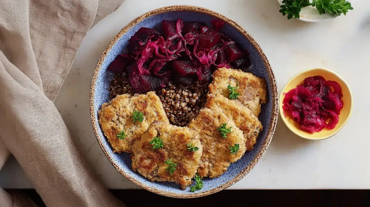 Chrupiące kotlety z tofu podane z kaszą i buraczkami. Pyszny, wegański obiad.