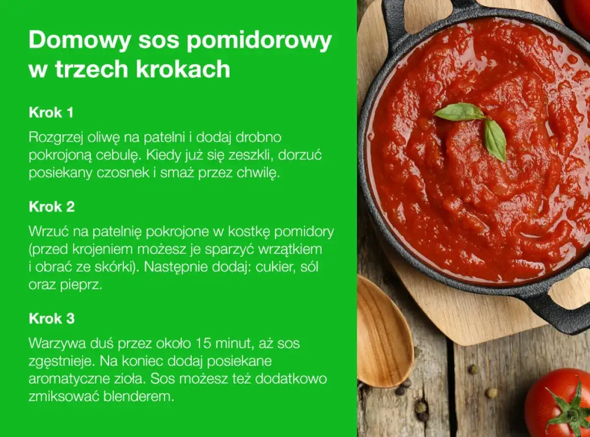 Domowy sos pomidorowy do spaghetti: cebula, czosnek, pomidory, zioła, sól, pieprz, cukier. Proste składniki, pyszny efekt.