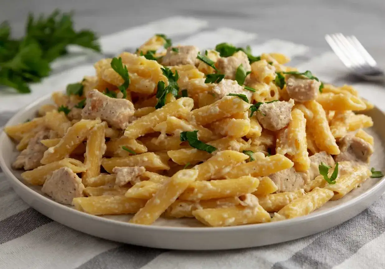 Pyszny kurczak z makaronem penne w kremowym sosie, posypany świeżą natką pietruszki. Idealny obiad dla całej rodziny.