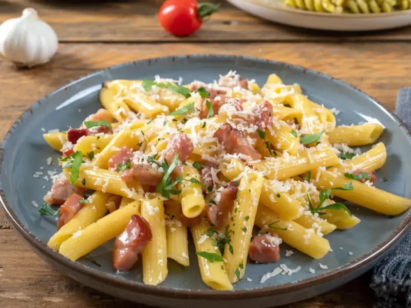 Penne rigate z boczkiem i parmezanem, posypane świeżą natką pietruszki. Pyszne spaghetti z serem, które zachwyca smakiem.