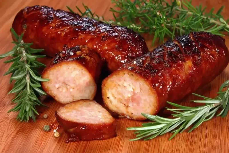 Soczysta kiełbasa pieczona w piekarniku, skropiona błyszczącym sosem, z gałązkami rozmarynu i ziarnami pieprzu.